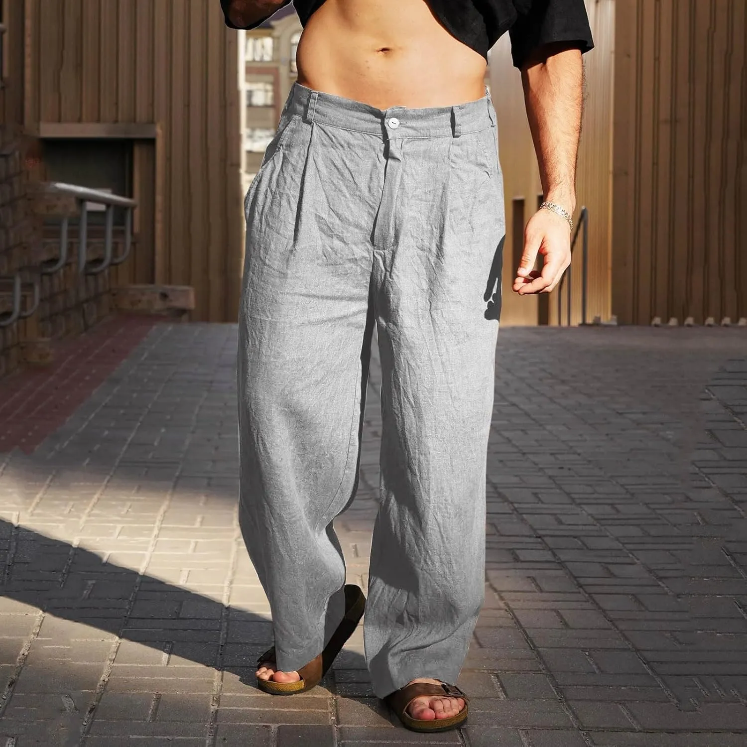 Xiaojmake Linen Pants for Men Casual Loose Fit Elastic Drawstring Waist Baggy Trousers Summer Straight Beach Pant Lightweight