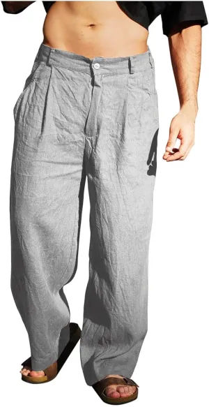 Xiaojmake Linen Pants for Men Casual Loose Fit Elastic Drawstring Waist Baggy Trousers Summer Straight Beach Pant Lightweight