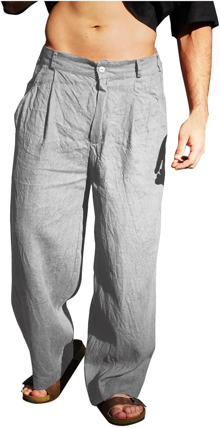 Xiaojmake Linen Pants for Men Casual Loose Fit Elastic Drawstring Waist Baggy Trousers Summer Straight Beach Pant Lightweight