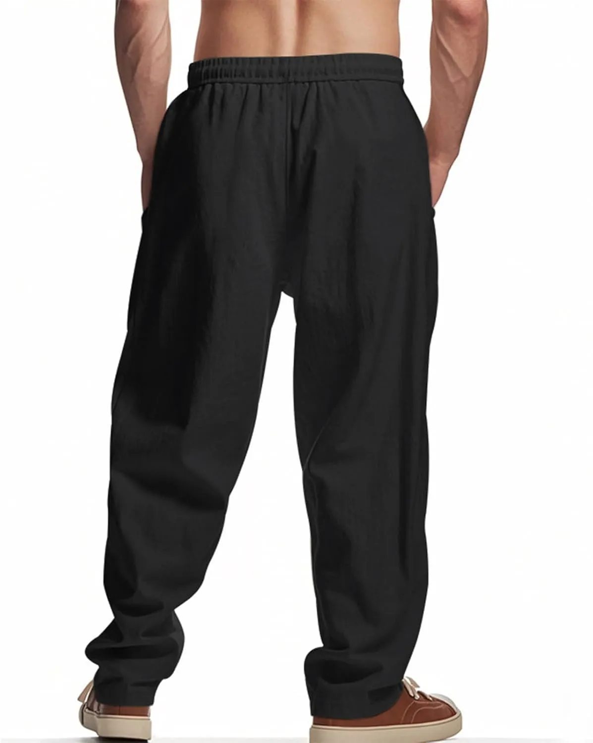 Xiaojmake Mens Cotton Linen Pants Elastic Waist Drawstring Straight Casual Yoga Pant Summer Loose Fit Hawaiian Beach Trouser