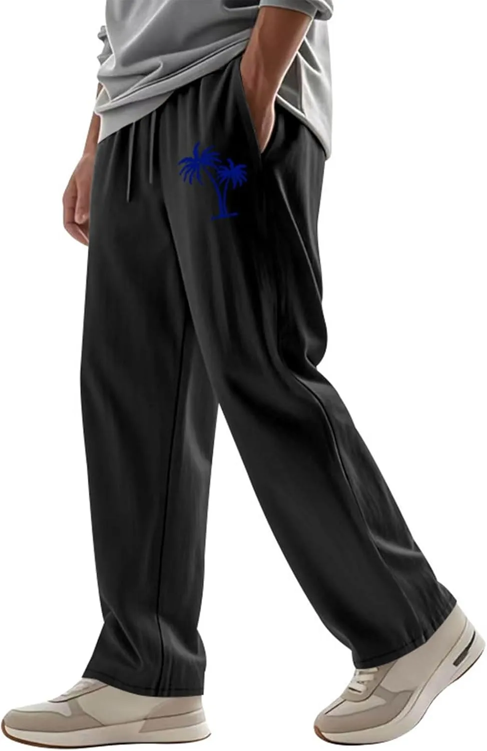 Xiaojmake Mens Cotton Linen Pants Elastic Waist Drawstring Straight Casual Yoga Pant Summer Loose Fit Hawaiian Beach Trouser