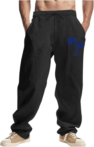 Xiaojmake Mens Cotton Linen Pants Elastic Waist Drawstring Straight Casual Yoga Pant Summer Loose Fit Hawaiian Beach Trouser