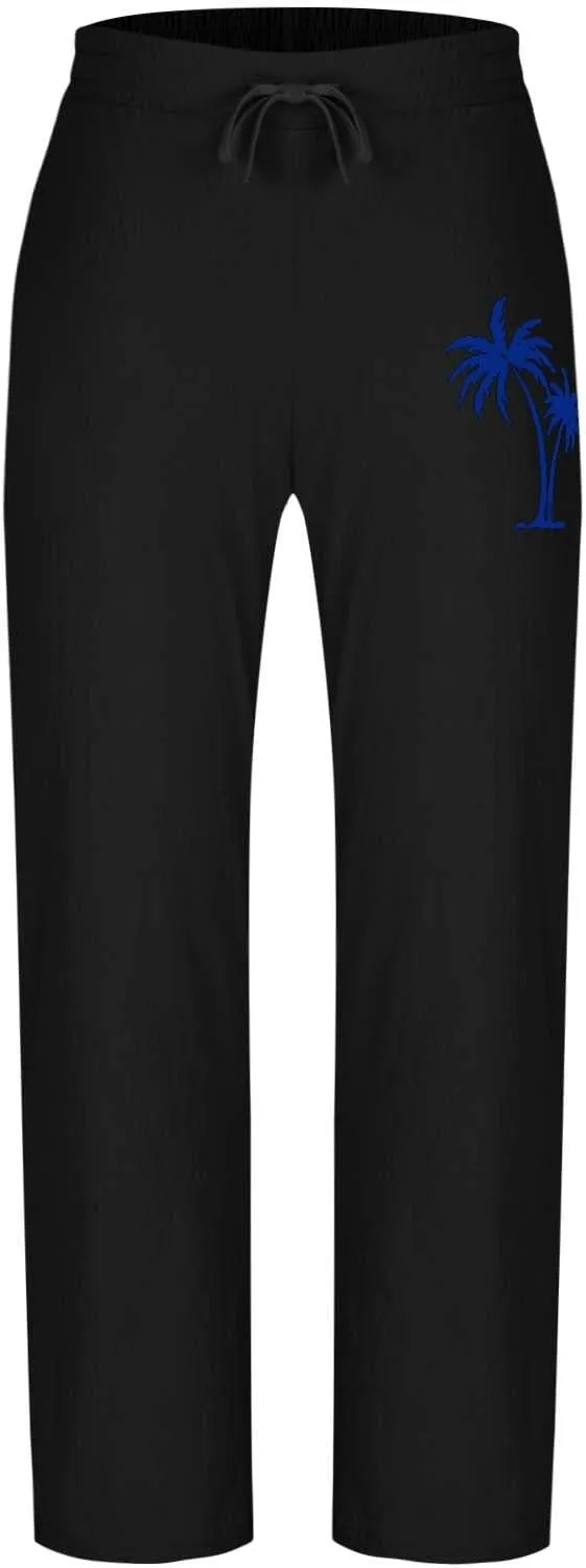 Xiaojmake Mens Cotton Linen Pants Elastic Waist Drawstring Straight Casual Yoga Pant Summer Loose Fit Hawaiian Beach Trouser