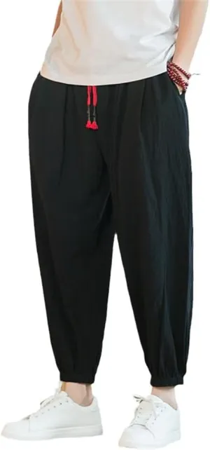 Xingfenly Chinese Style Harem Pants Men Streetwear Casual Joggers Cotton Linen Sweatpants Ankle-Length Trousers