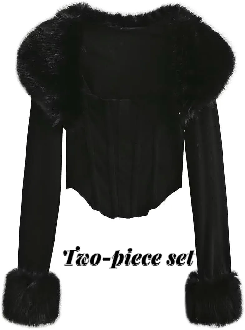 XPONNI Two-Piece Set Fur Trim Y2k Cardigan Crop Top Fluffy Top Womens Y2k Cropped Knit Bolero Dressy Sweater