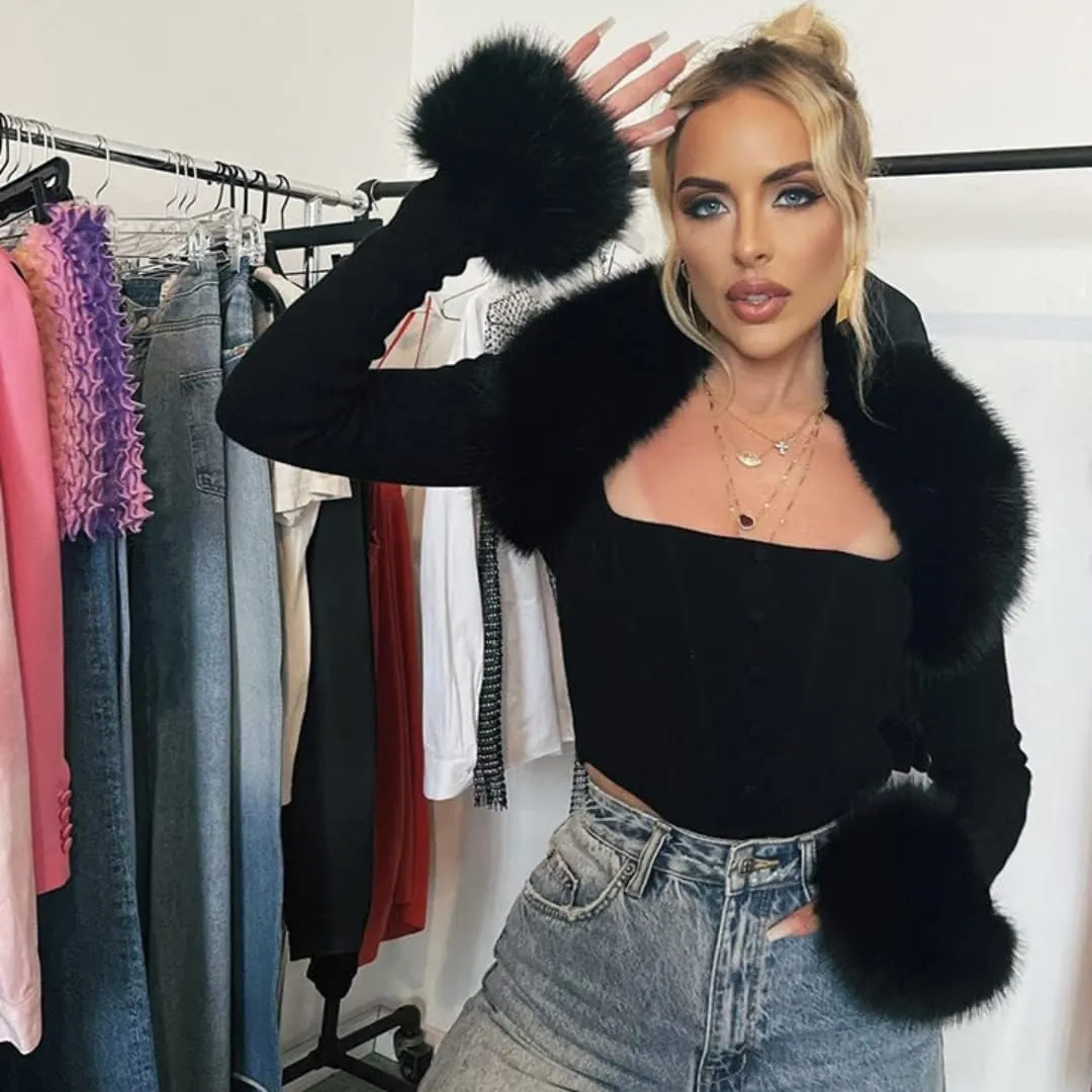 XPONNI Two-Piece Set Fur Trim Y2k Cardigan Crop Top Fluffy Top Womens Y2k Cropped Knit Bolero Dressy Sweater