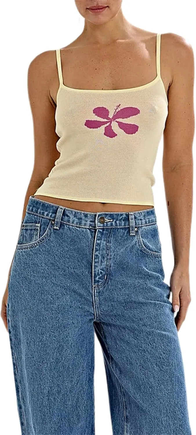 Y2k Floral Tank Top for Women Sleeveless Spaghetti Strap Slim Fit Camisole Cami Aesthetic Going Out Crop Top