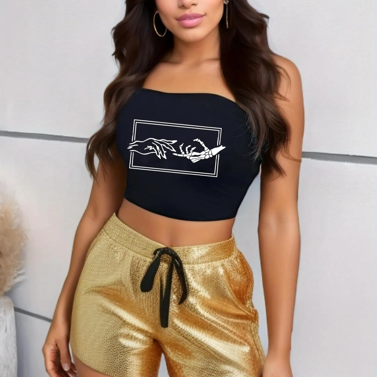 Y2K Graphic Print Strapless Tube Top Off Shoulder Backless Bandeau Tank Goth Harajuku Crop Corset Top Women Aesthetic Clothes