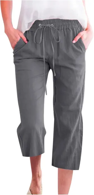 yardsong Linen Capris for Women Summer Casual Loose Fit Cropped Pants Drawstring Elastic Waist Lounge Pant with Pockets