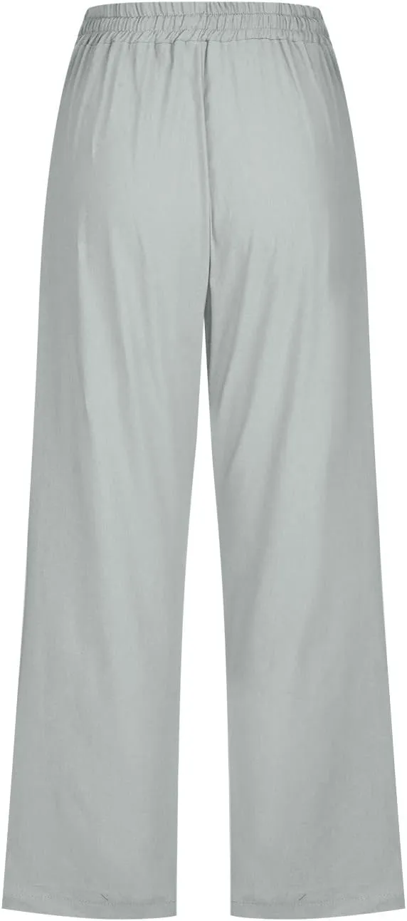 yardsong Plus Size Capris for Women Cotton Linen Blend Summer Casual Capri Pants Drawstring Elastic Waist Cropped Pants