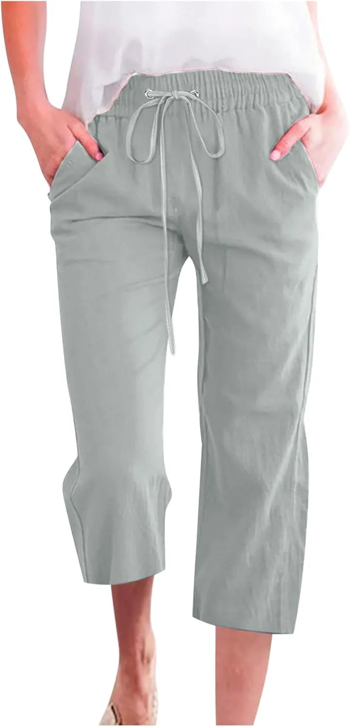 yardsong Plus Size Capris for Women Cotton Linen Blend Summer Casual Capri Pants Drawstring Elastic Waist Cropped Pants