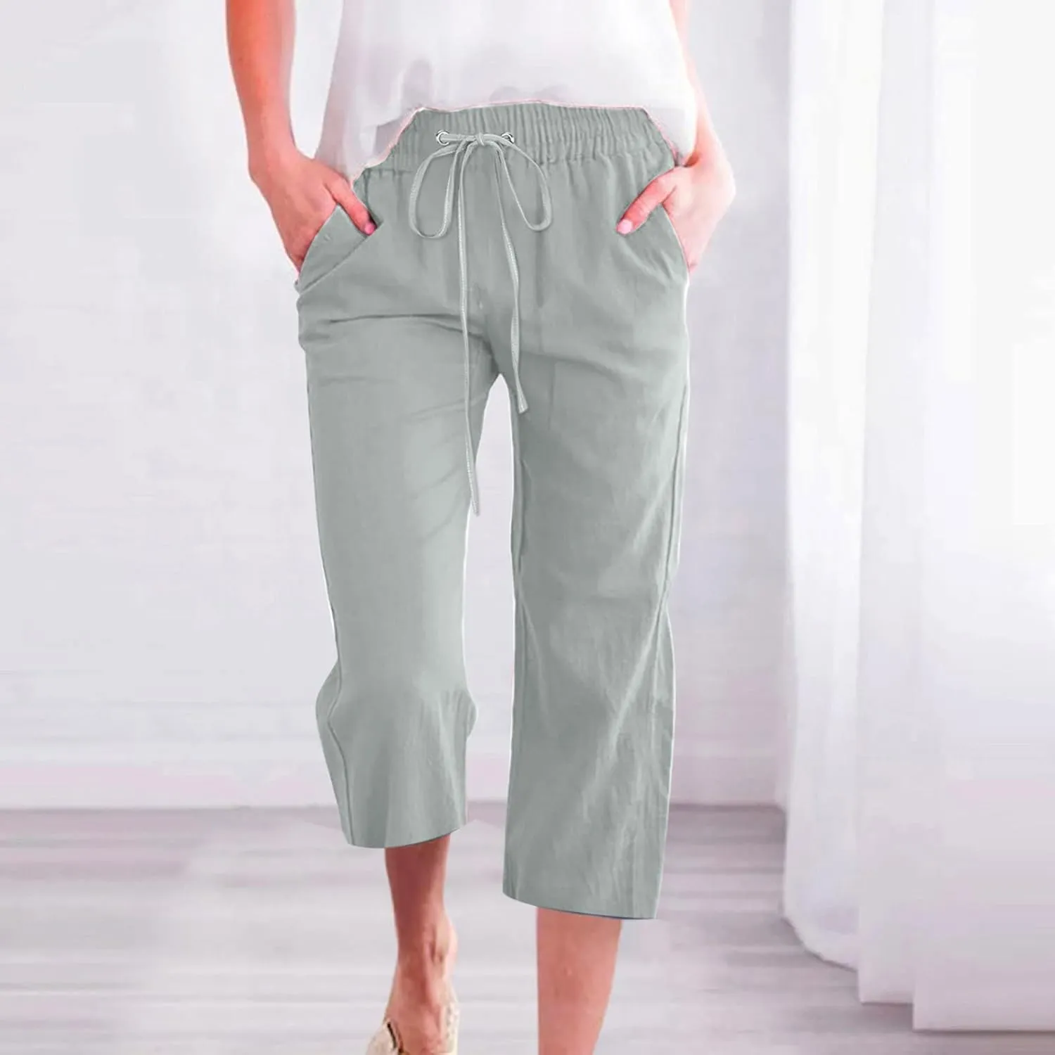 yardsong Plus Size Capris for Women Cotton Linen Blend Summer Casual Capri Pants Drawstring Elastic Waist Cropped Pants