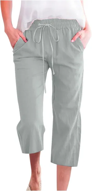 yardsong Plus Size Capris for Women Cotton Linen Blend Summer Casual Capri Pants Drawstring Elastic Waist Cropped Pants