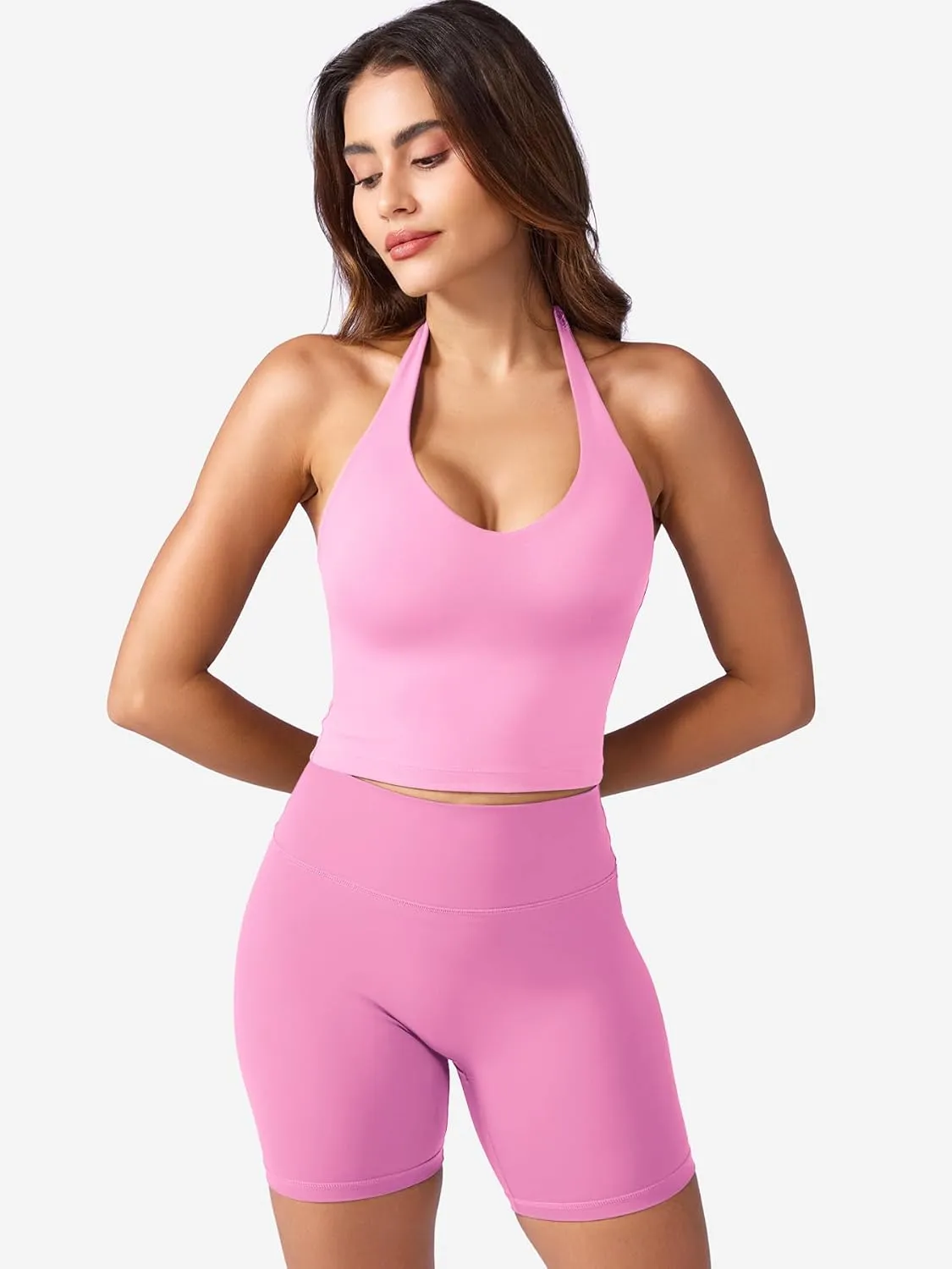 YEOREO Women's Halter Crop Top V Neck Workout Going Out Tank Top Hazel Padded Sleeveless Backless Trendy Summer Camisole