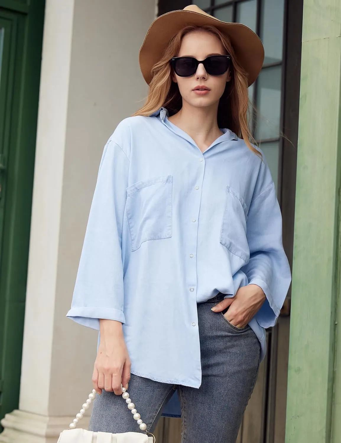 Yimoon Womens Denim Shirt Chambray Blue Button Down Jean Shirt Denim Tops Soft Tencel Casual 3/4 Sleeve Jacket