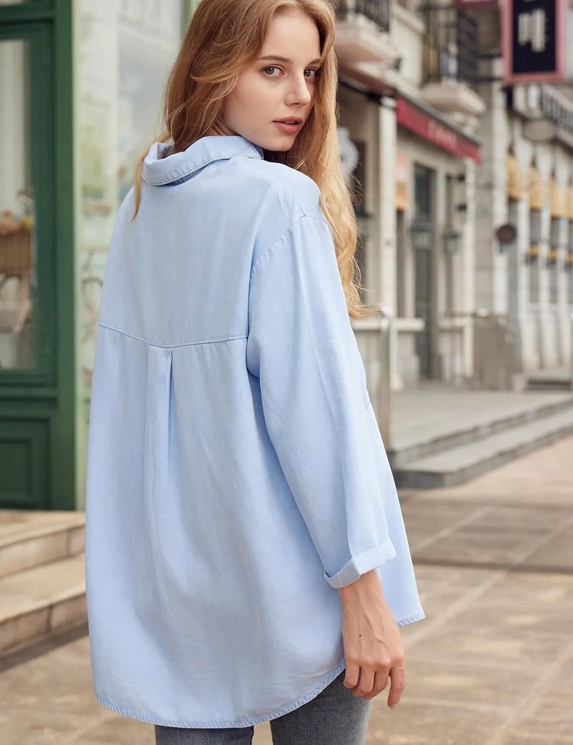 Yimoon Womens Denim Shirt Chambray Blue Button Down Jean Shirt Denim Tops Soft Tencel Casual 3/4 Sleeve Jacket