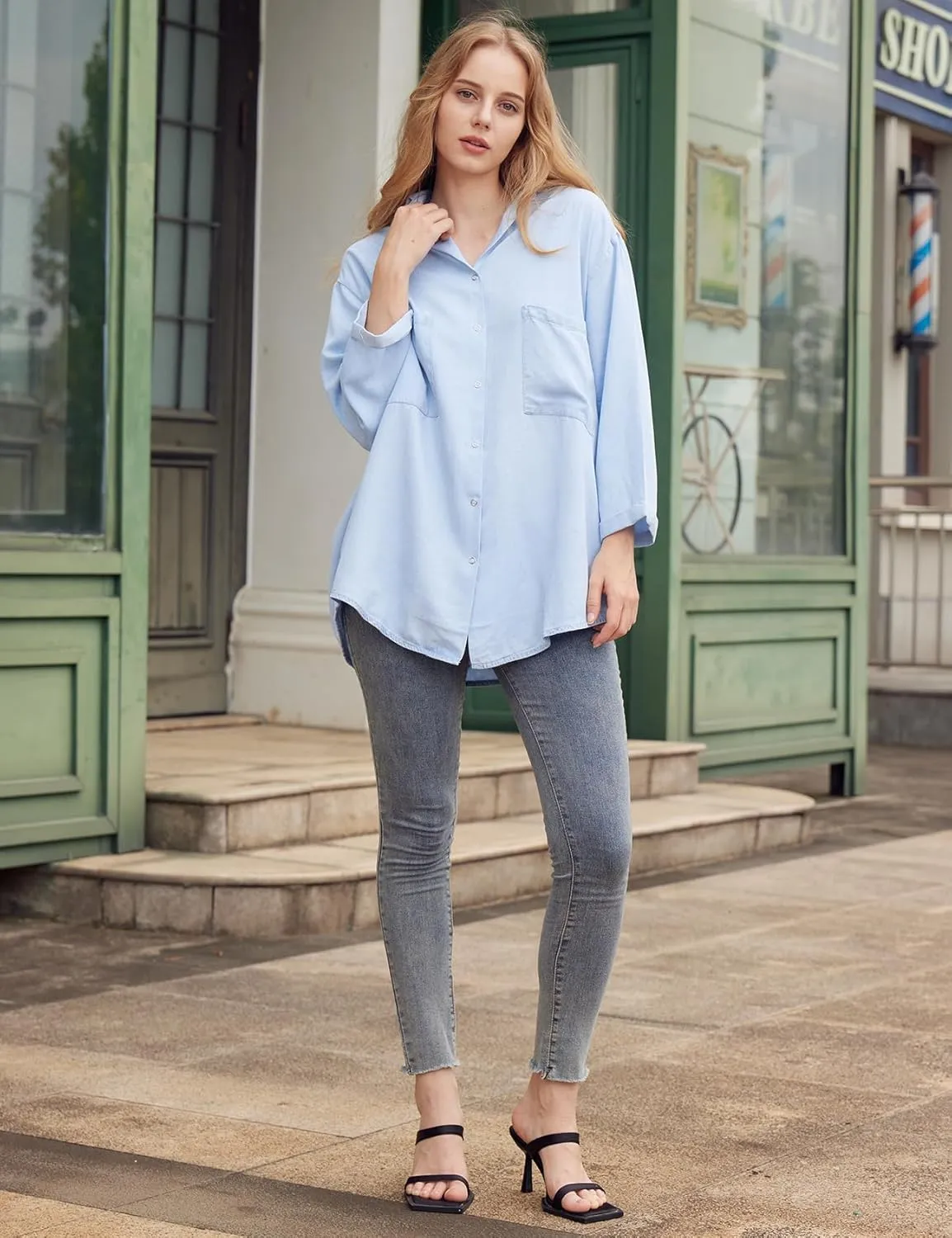 Yimoon Womens Denim Shirt Chambray Blue Button Down Jean Shirt Denim Tops Soft Tencel Casual 3/4 Sleeve Jacket
