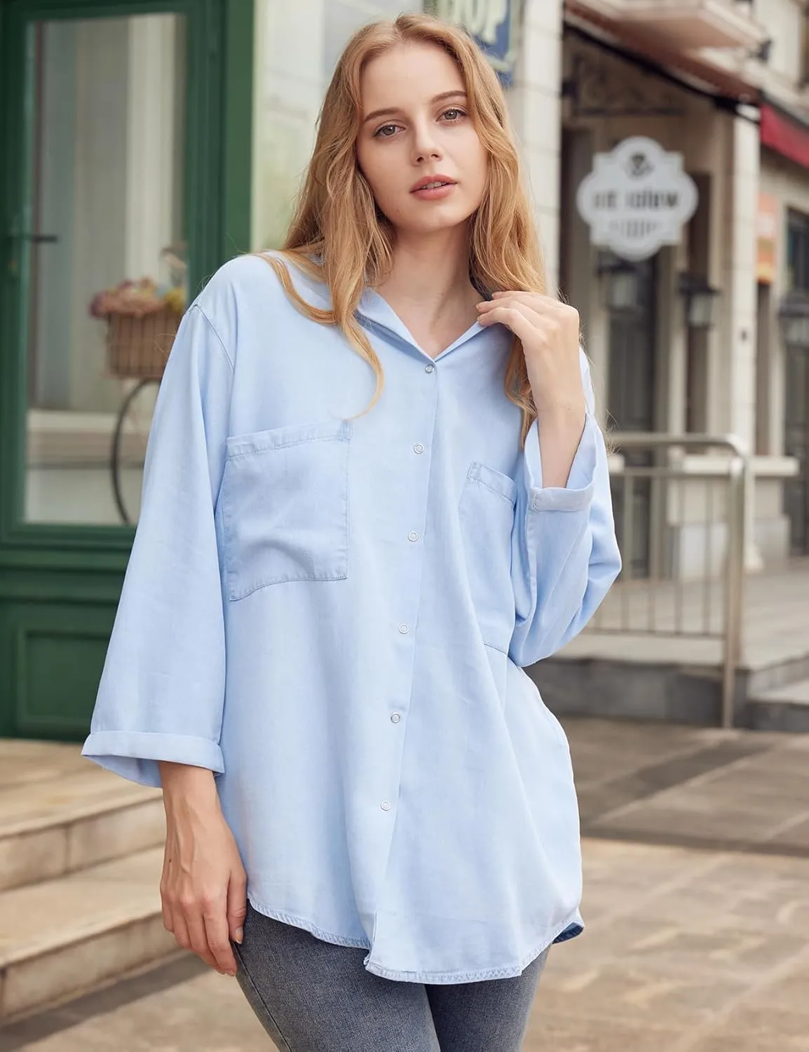 Yimoon Womens Denim Shirt Chambray Blue Button Down Jean Shirt Denim Tops Soft Tencel Casual 3/4 Sleeve Jacket