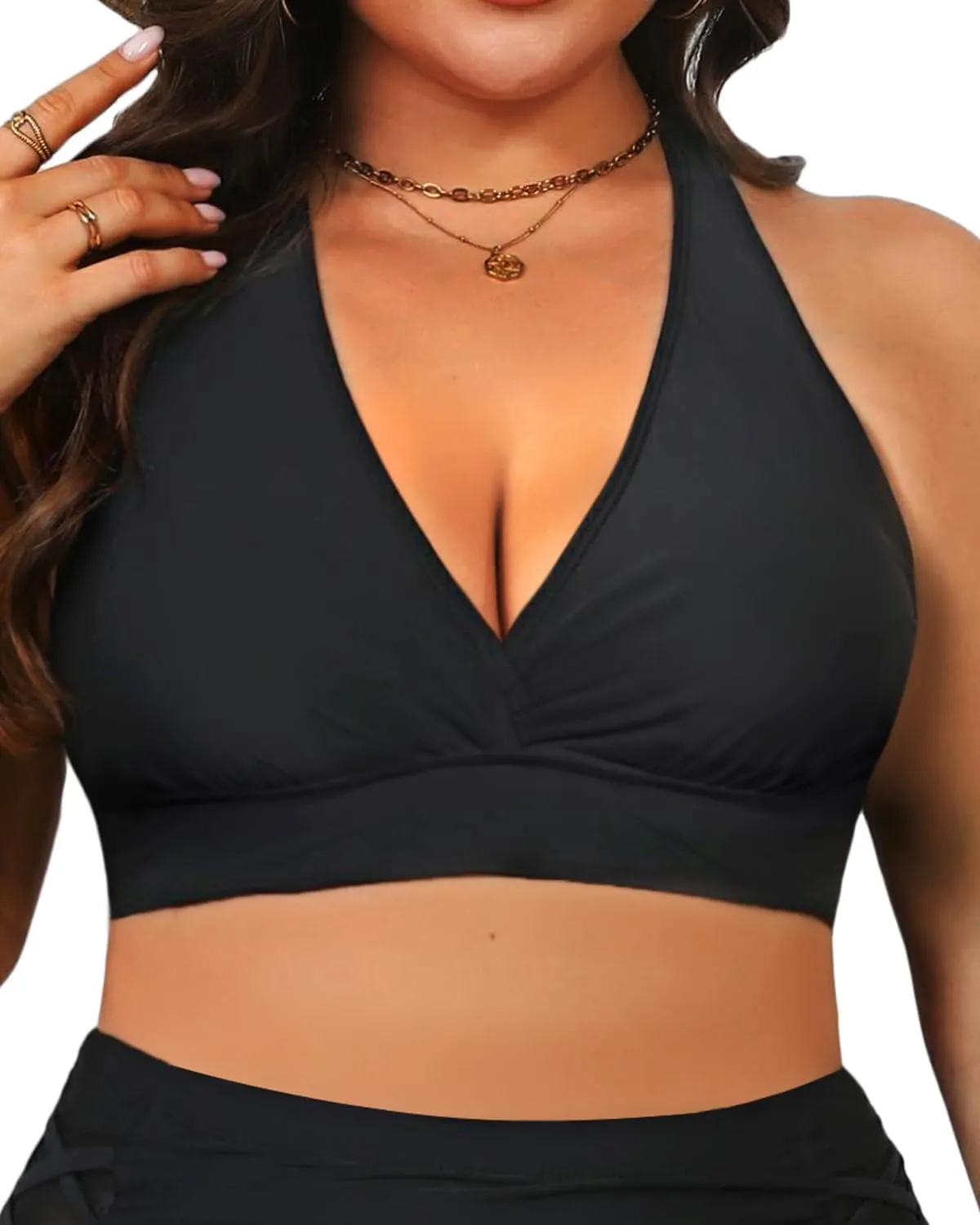 Yonique Women's Plus Size Bikini Tops Only Halter Swimsuit Top Large Bust Swim Top V Neck Bathing Suit Tops