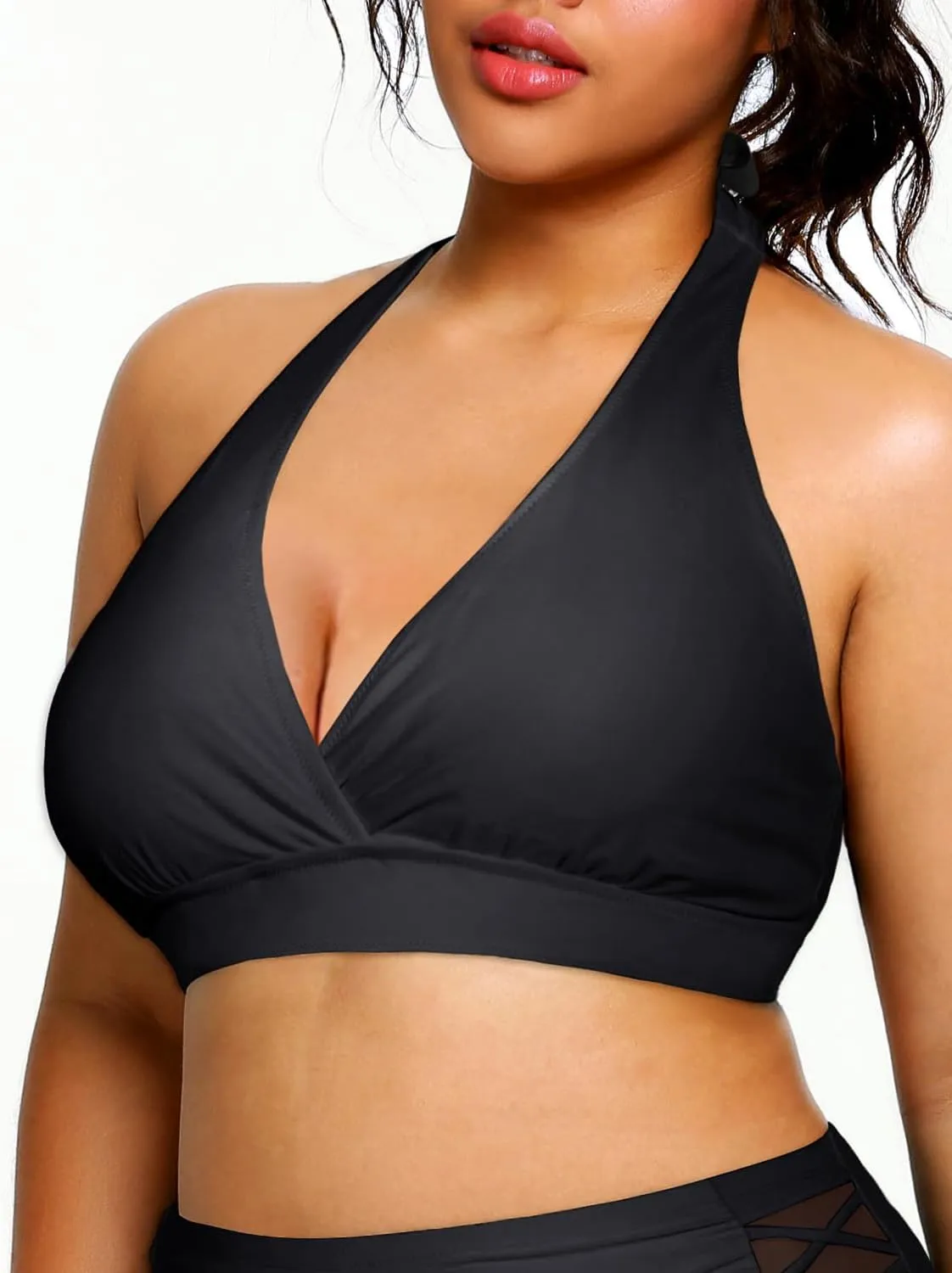 Yonique Women's Plus Size Bikini Tops Only Halter Swimsuit Top Large Bust Swim Top V Neck Bathing Suit Tops