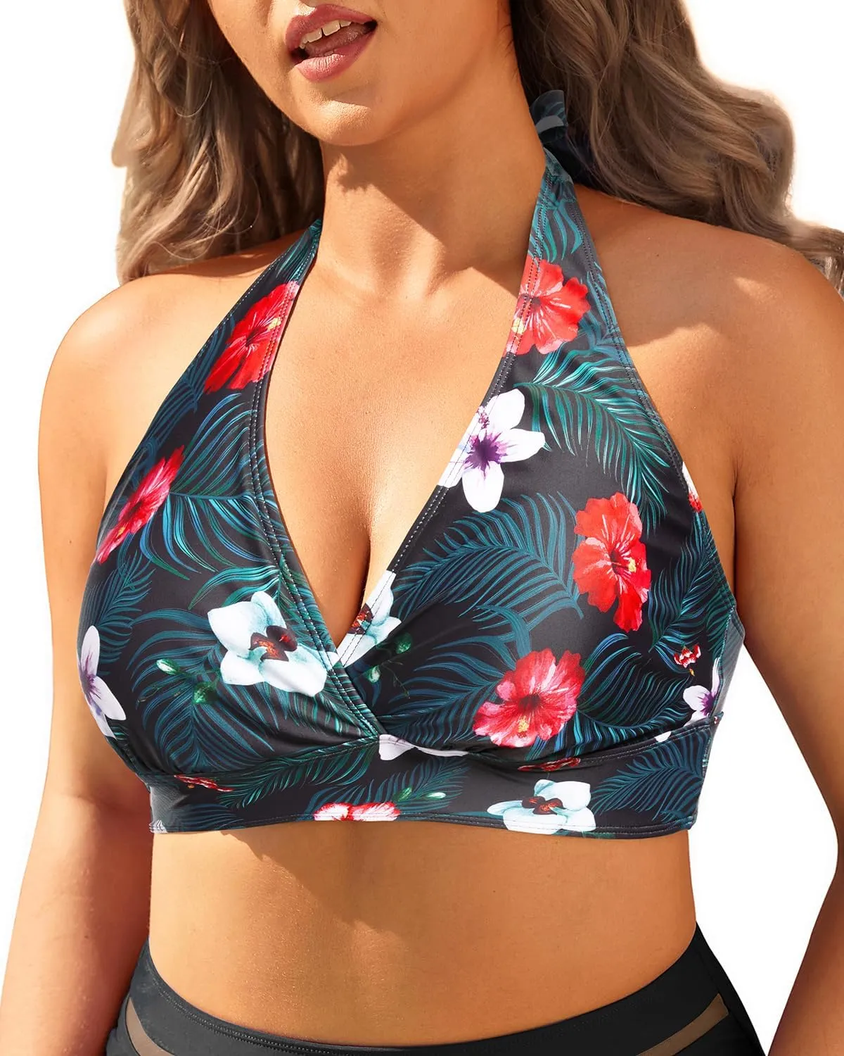 Yonique Women's Plus Size Bikini Tops Only Halter Swimsuit Top Large Bust Swim Top V Neck Bathing Suit Tops