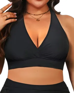 Yonique Women's Plus Size Bikini Tops Only Halter Swimsuit Top Large Bust Swim Top V Neck Bathing Suit Tops