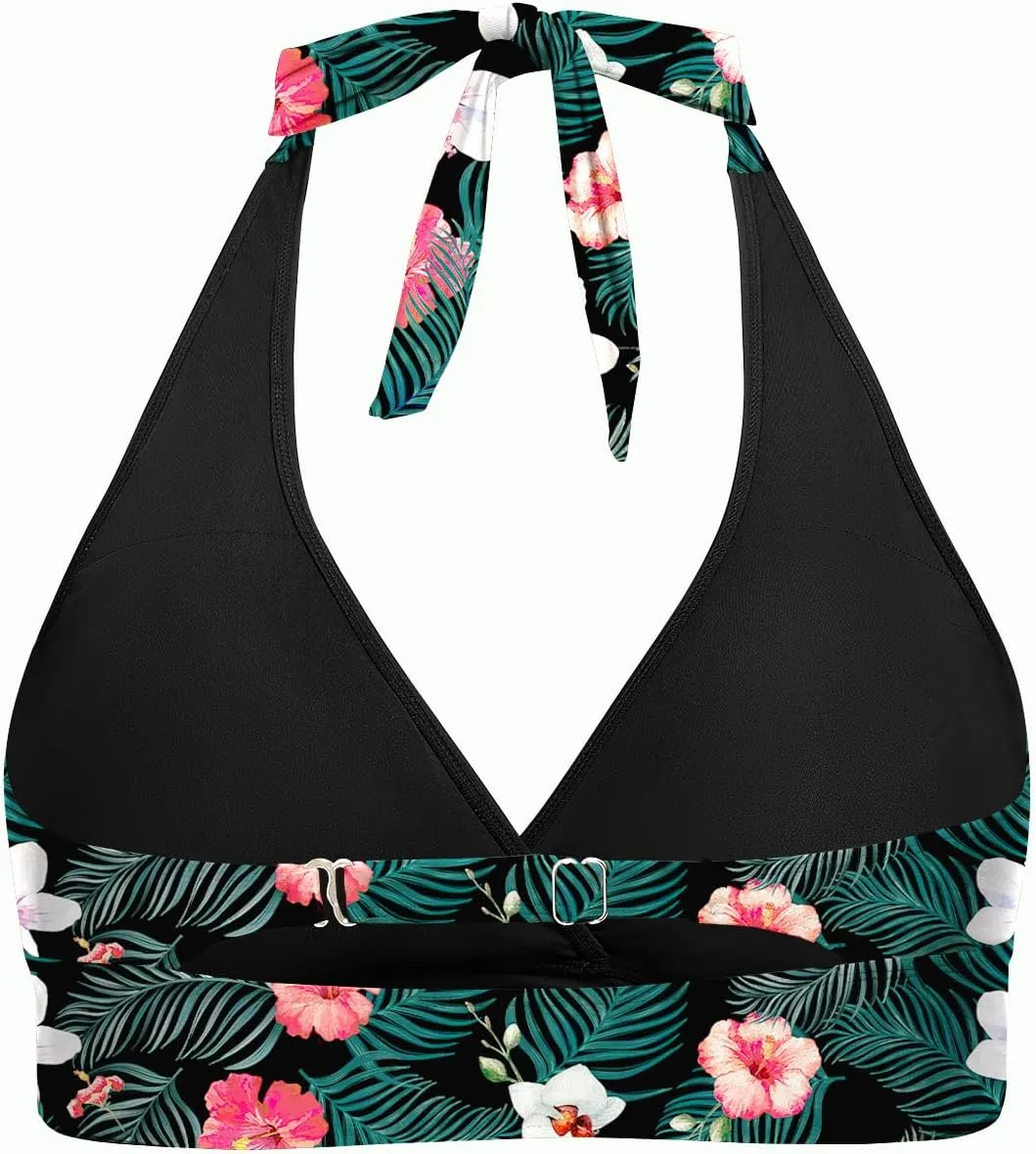 Yonique Women's Plus Size Bikini Tops Only Halter Swimsuit Top Large Bust Swim Top V Neck Bathing Suit Tops