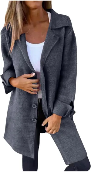 YRAETENM Trench Coat Women Single Breasted Notch Lapel Wool Coats Casual Mid Long Solid Color Jackets Fall Winter Outwear