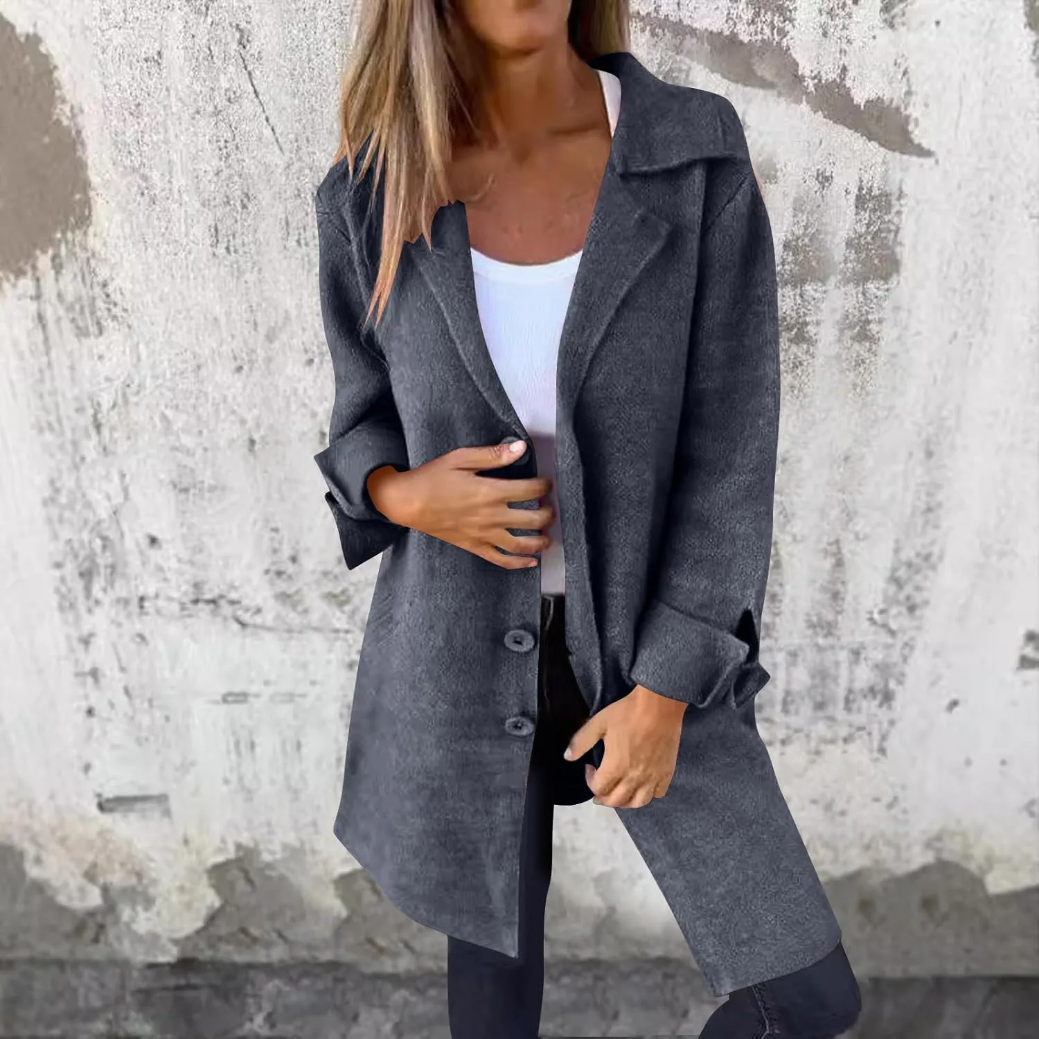 YRAETENM Trench Coat Women Single Breasted Notch Lapel Wool Coats Casual Mid Long Solid Color Jackets Fall Winter Outwear