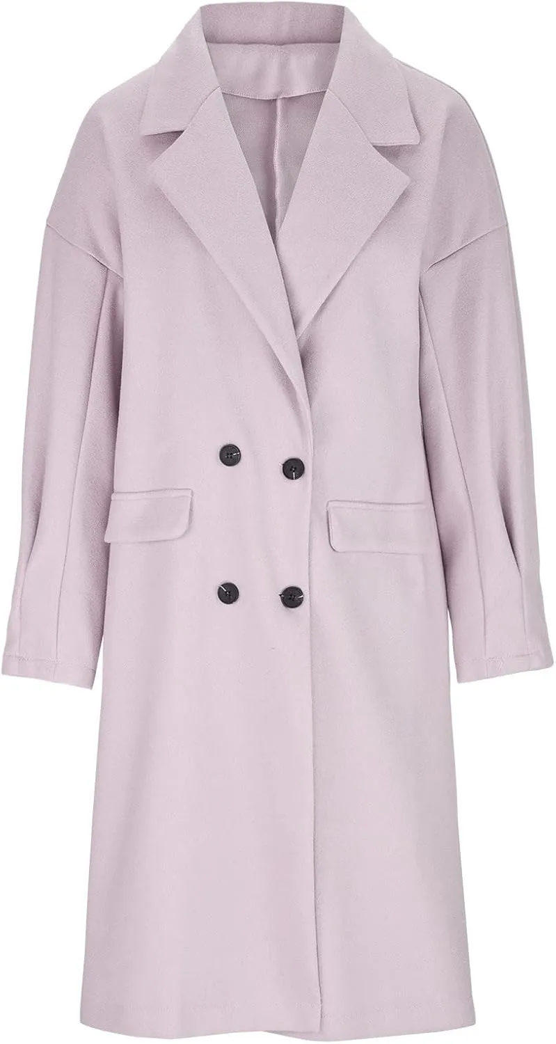 YRAETENM Trench Coat Women Winter Notched Lapel Double Breasted Jackets Casual Classic Long Pea Coat Wool Blend Overcoats