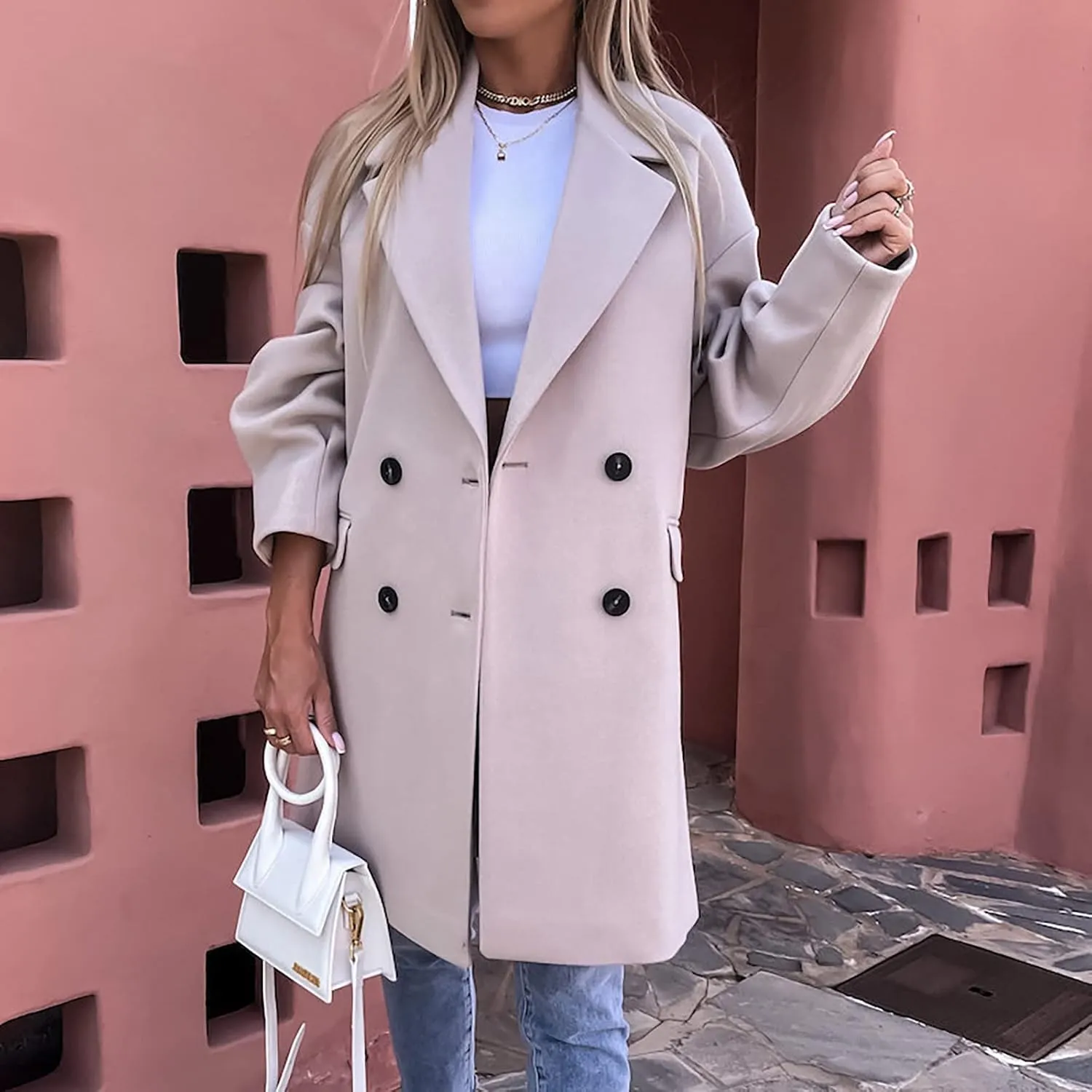 YRAETENM Trench Coat Women Winter Notched Lapel Double Breasted Jackets Casual Classic Long Pea Coat Wool Blend Overcoats