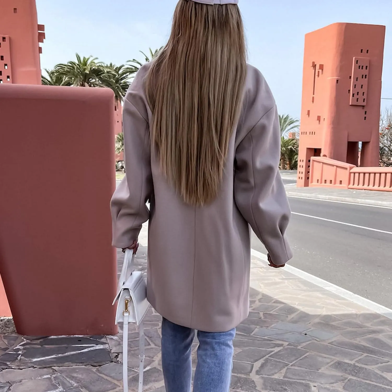 YRAETENM Trench Coat Women Winter Notched Lapel Double Breasted Jackets Casual Classic Long Pea Coat Wool Blend Overcoats