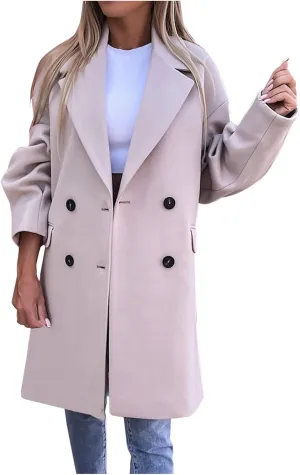 YRAETENM Trench Coat Women Winter Notched Lapel Double Breasted Jackets Casual Classic Long Pea Coat Wool Blend Overcoats