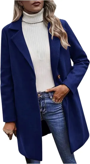 YRAETENM Trench Coats for Women Chic Notch Lapel One Button Mid Long Pea Coats Fall Winter Plus Size Warm Overcoat Outwear