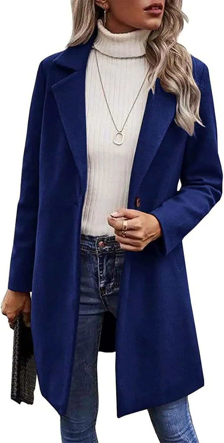 YRAETENM Trench Coats for Women Chic Notch Lapel One Button Mid Long Pea Coats Fall Winter Plus Size Warm Overcoat Outwear