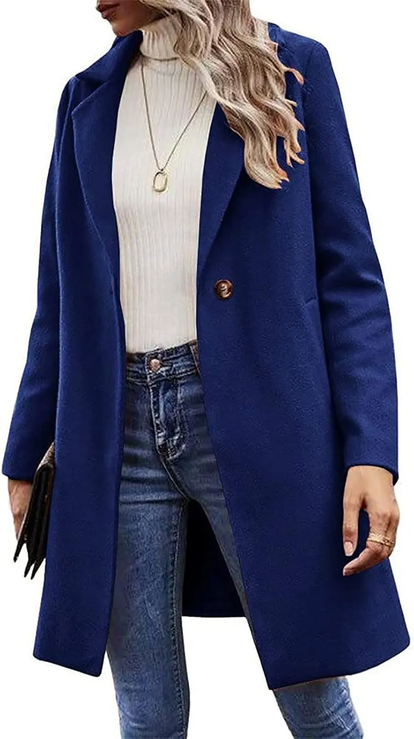 YRAETENM Trench Coats for Women Chic Notch Lapel One Button Mid Long Pea Coats Fall Winter Plus Size Warm Overcoat Outwear