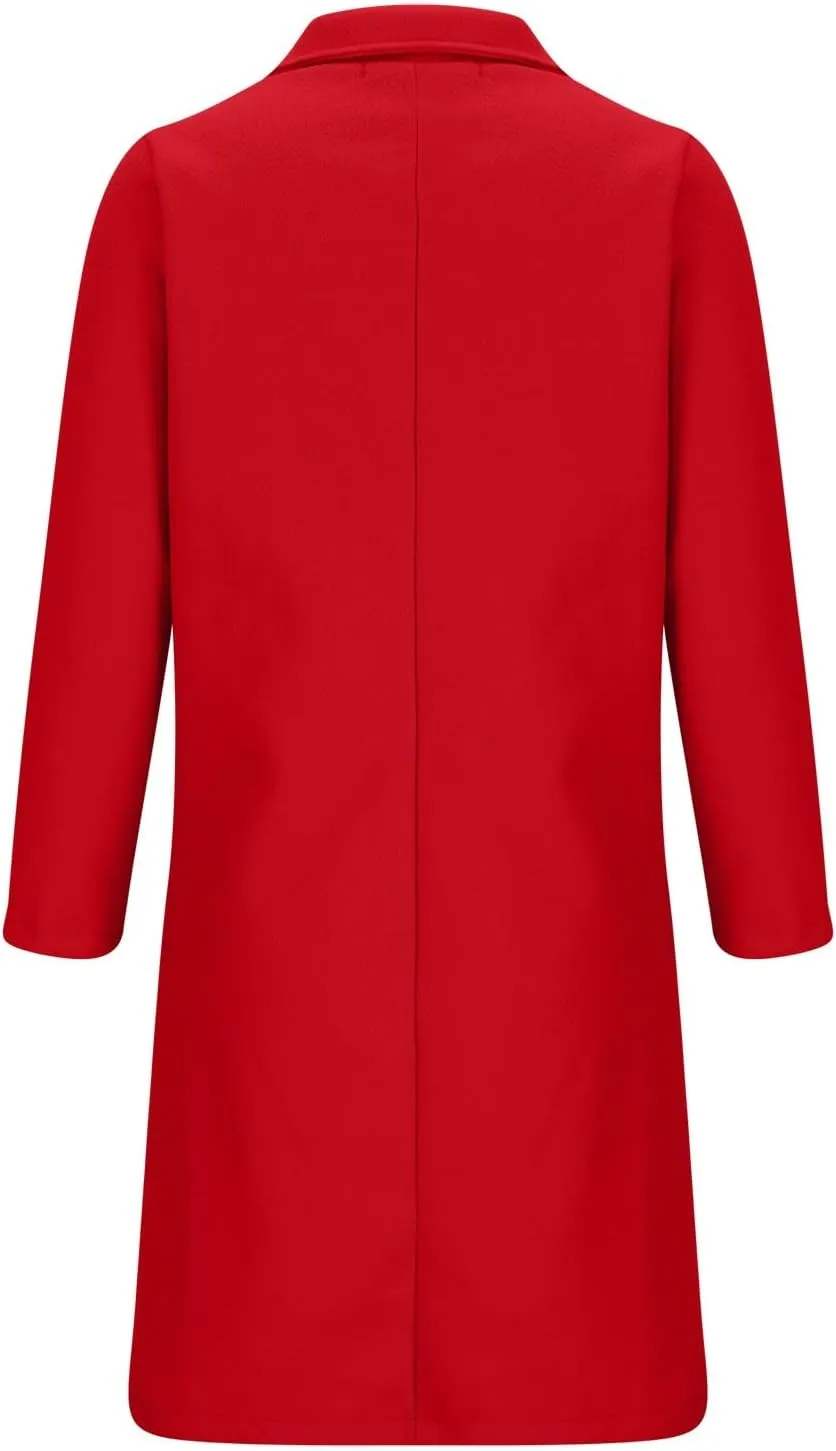 YRAETENM Winter Coats for Women Notched Lapel Wool Blend Solid Long Pea Coat Casual Slim Fit Warm Trench Coats with Pockets