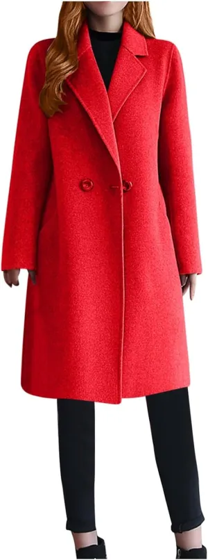 YRAETENM Winter Coats for Women Notched Lapel Wool Blend Solid Long Pea Coat Casual Slim Fit Warm Trench Coats with Pockets
