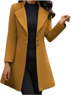 YRAETENM Wool Coats for Women Elegant Single Breasted Work Office Pea Coat Notch Lapel Long Trench Coat Fall Winter Outwear