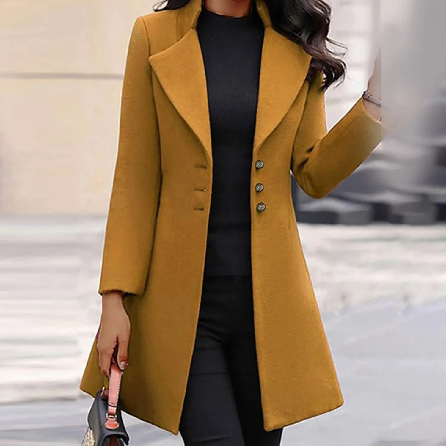 YRAETENM Wool Coats for Women Elegant Single Breasted Work Office Pea Coat Notch Lapel Long Trench Coat Fall Winter Outwear