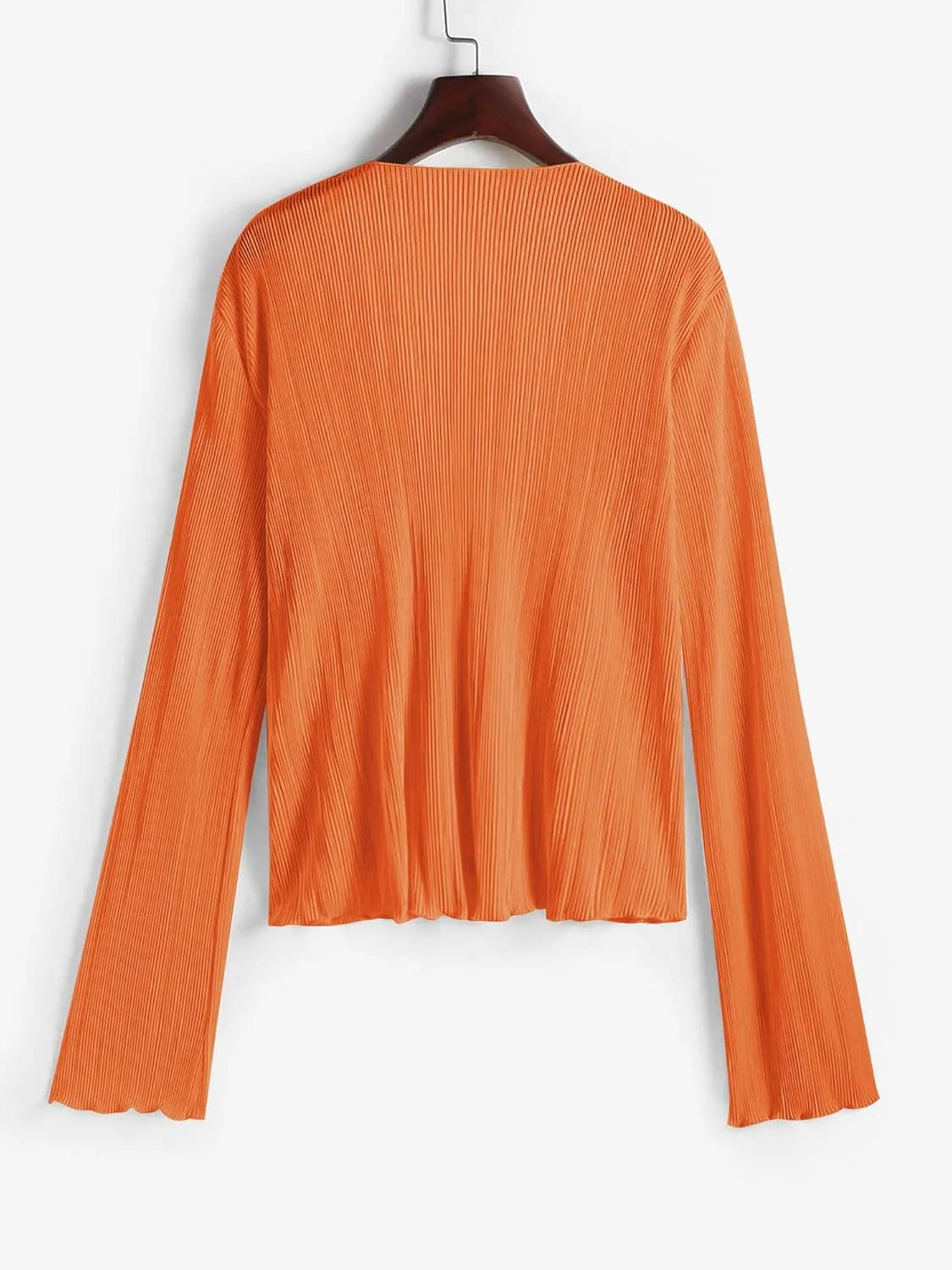 ZAFUL Women's Deep V Neck Tie Front Top Flare Sleeve Plisse Pleated Blouse Shirt Top Y2k Vintage Streetwear