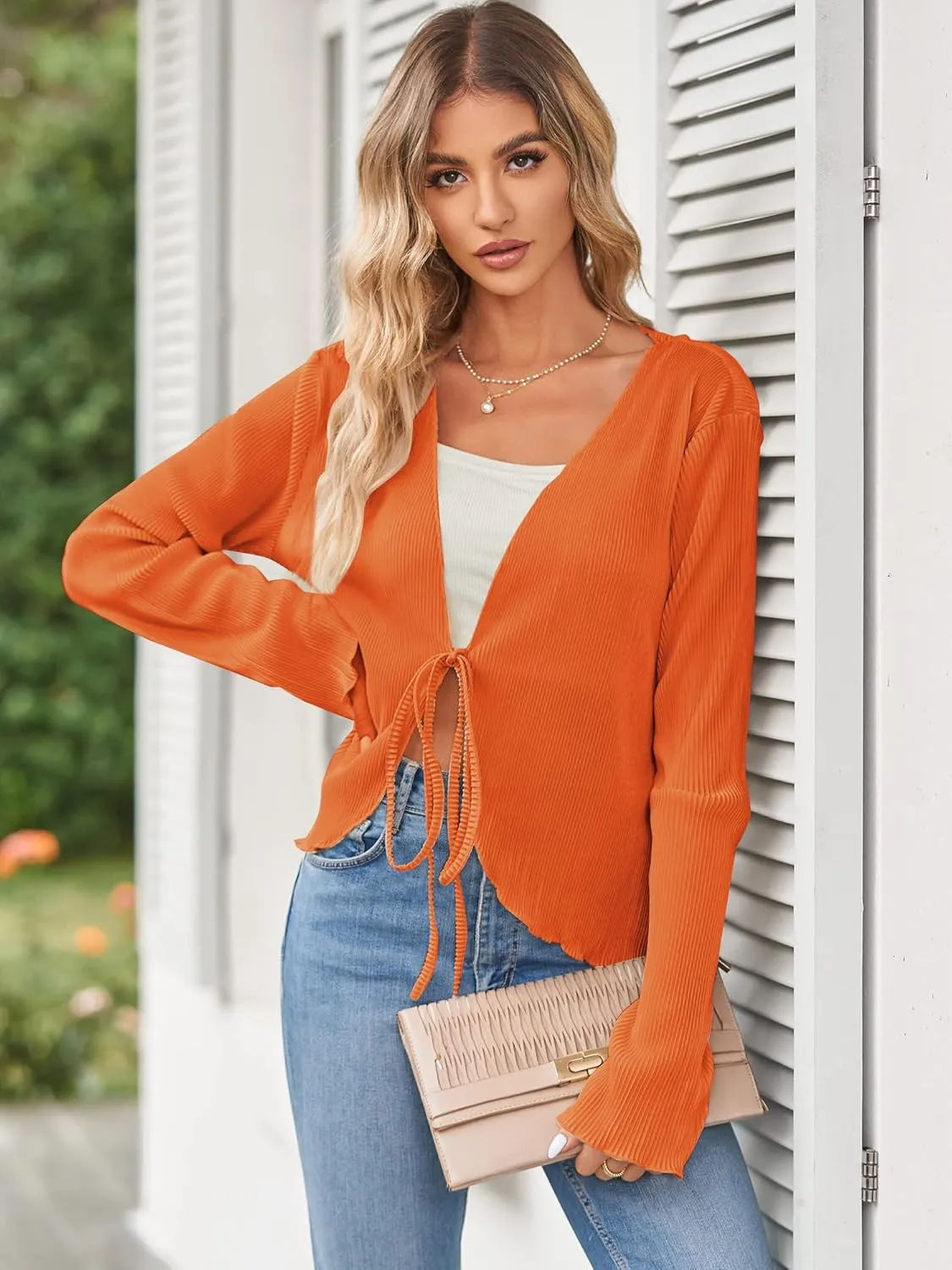 ZAFUL Women's Deep V Neck Tie Front Top Flare Sleeve Plisse Pleated Blouse Shirt Top Y2k Vintage Streetwear