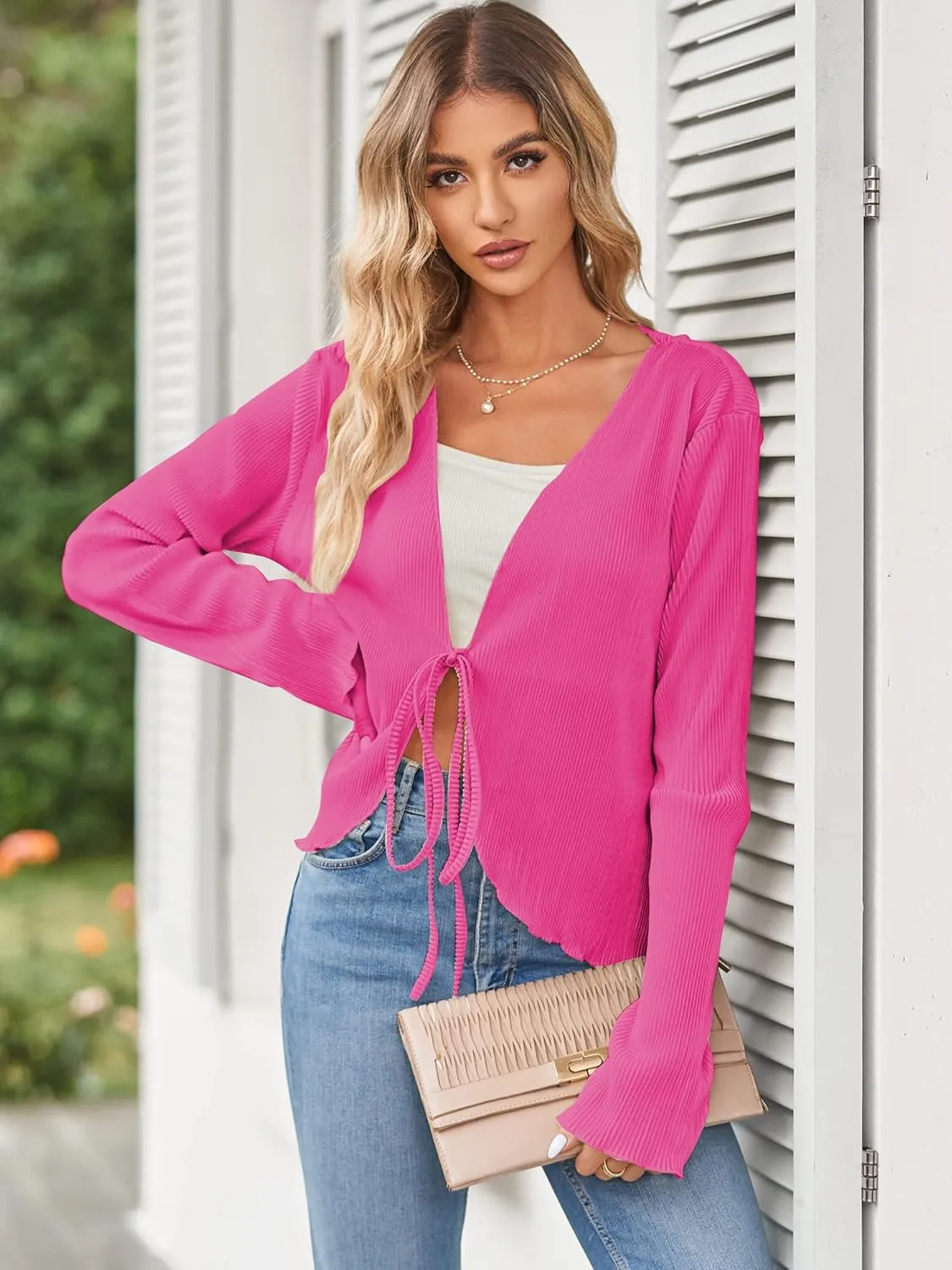 ZAFUL Women's Deep V Neck Tie Front Top Flare Sleeve Plisse Pleated Blouse Shirt Top Y2k Vintage Streetwear