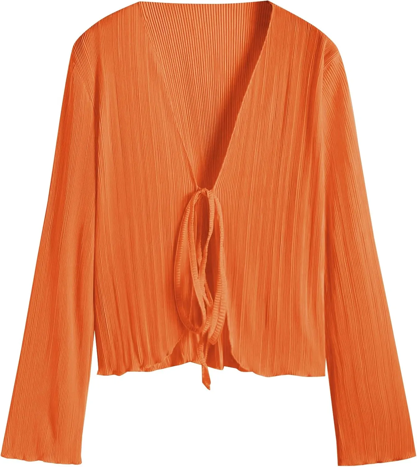 ZAFUL Women's Deep V Neck Tie Front Top Flare Sleeve Plisse Pleated Blouse Shirt Top Y2k Vintage Streetwear