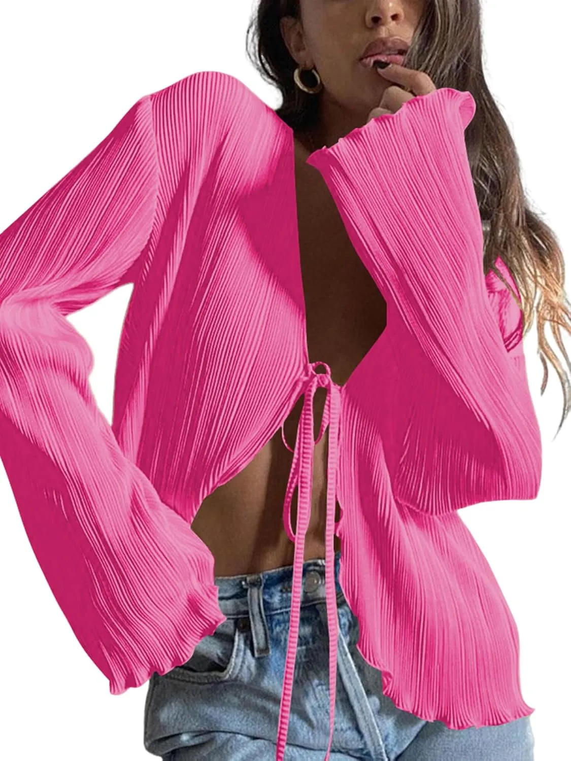 ZAFUL Women's Deep V Neck Tie Front Top Flare Sleeve Plisse Pleated Blouse Shirt Top Y2k Vintage Streetwear