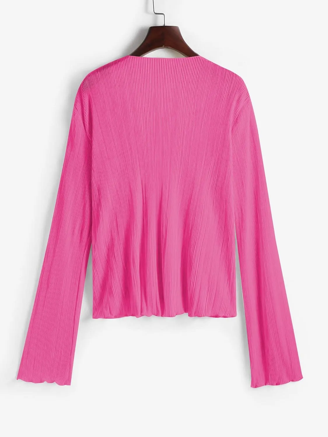ZAFUL Women's Deep V Neck Tie Front Top Flare Sleeve Plisse Pleated Blouse Shirt Top Y2k Vintage Streetwear