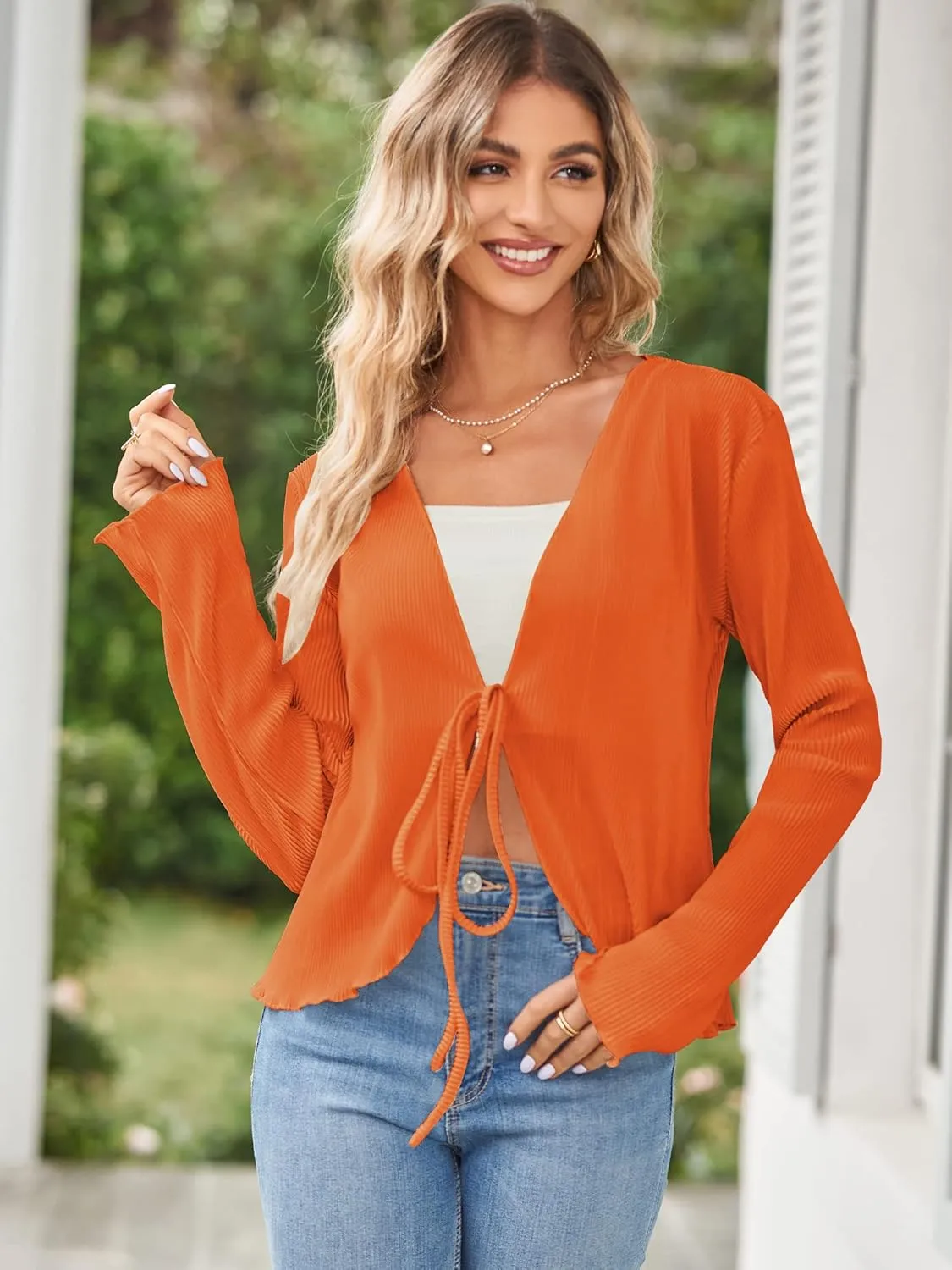 ZAFUL Women's Deep V Neck Tie Front Top Flare Sleeve Plisse Pleated Blouse Shirt Top Y2k Vintage Streetwear