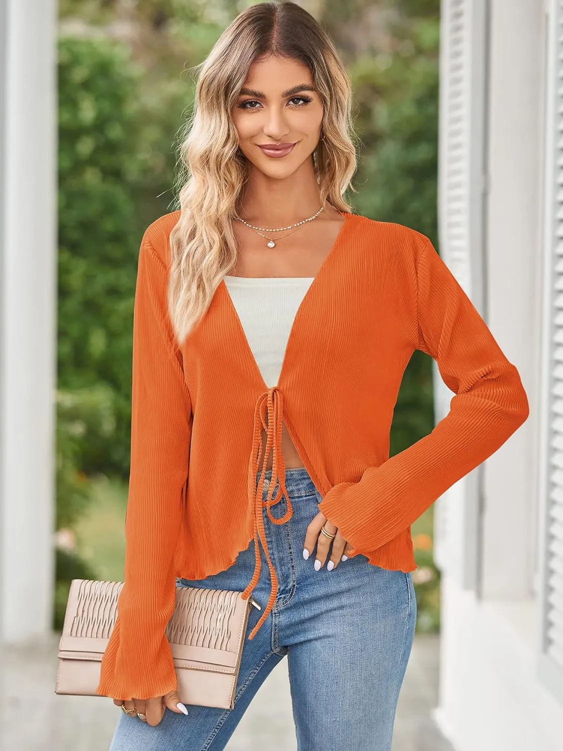 ZAFUL Women's Deep V Neck Tie Front Top Flare Sleeve Plisse Pleated Blouse Shirt Top Y2k Vintage Streetwear