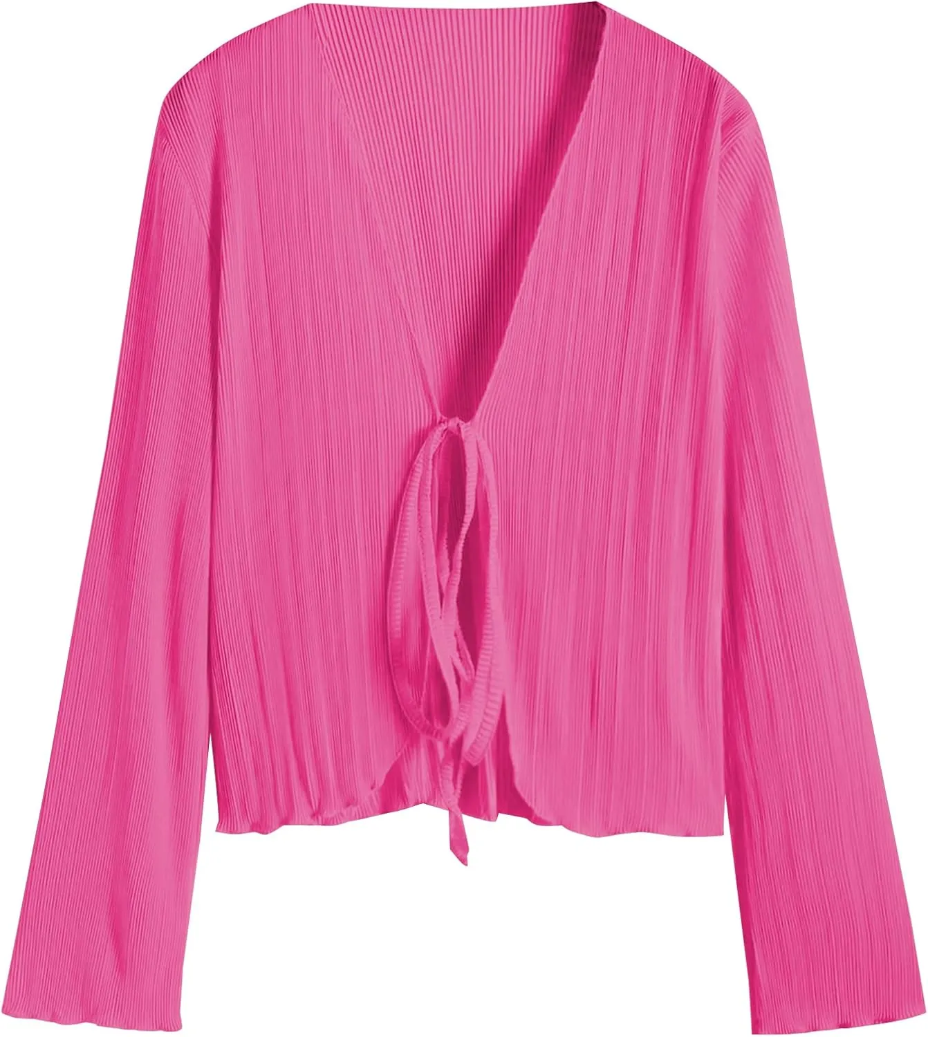 ZAFUL Women's Deep V Neck Tie Front Top Flare Sleeve Plisse Pleated Blouse Shirt Top Y2k Vintage Streetwear