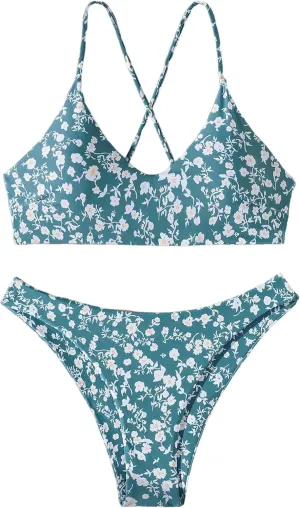 ZAFUL Women's Two-Piece Scoop Neck Bikini Crop Top Criss Cross Push Up Bikini Set Tanks Top Bathing Suit